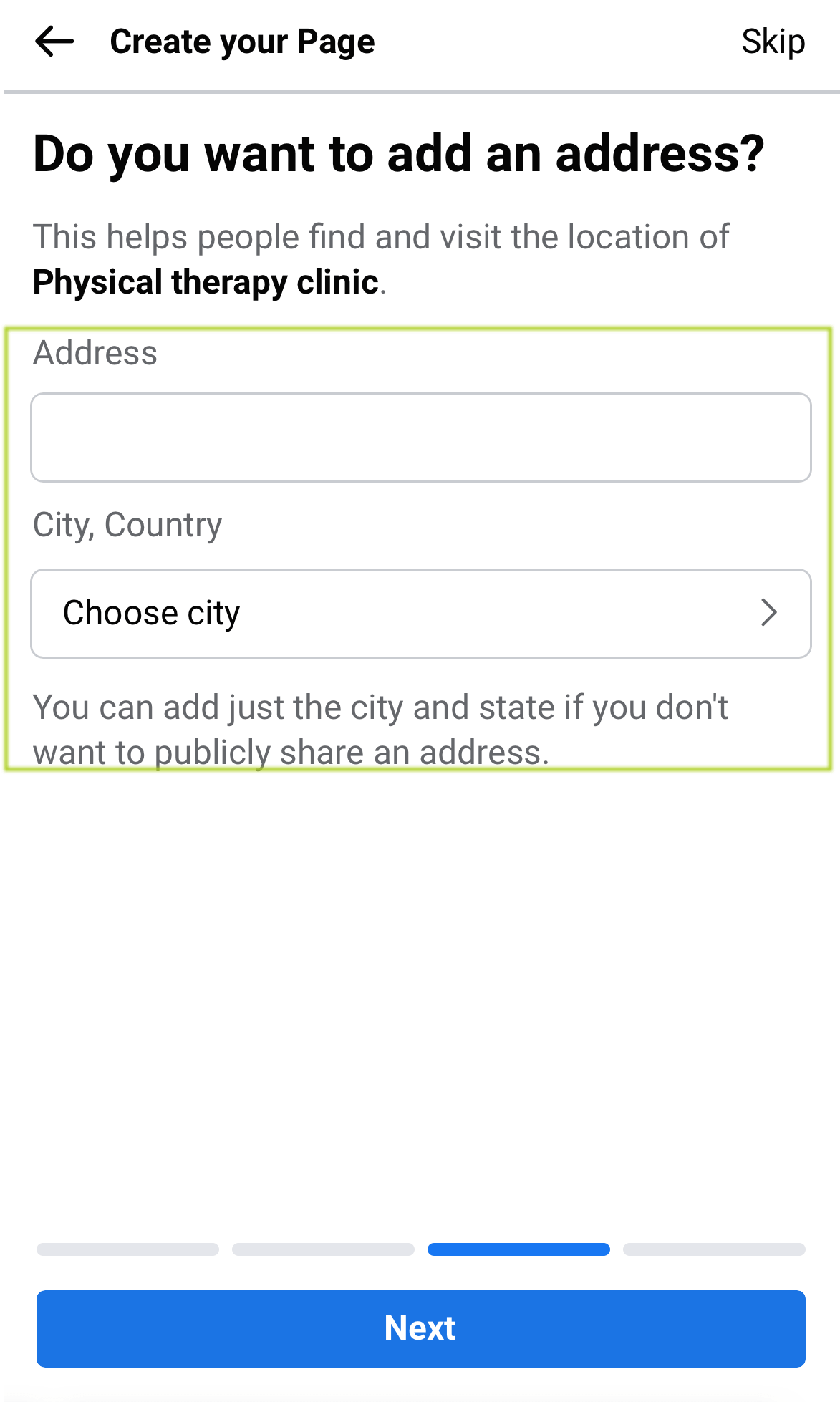 Facebook – page -physical address Creating a business page on facebook